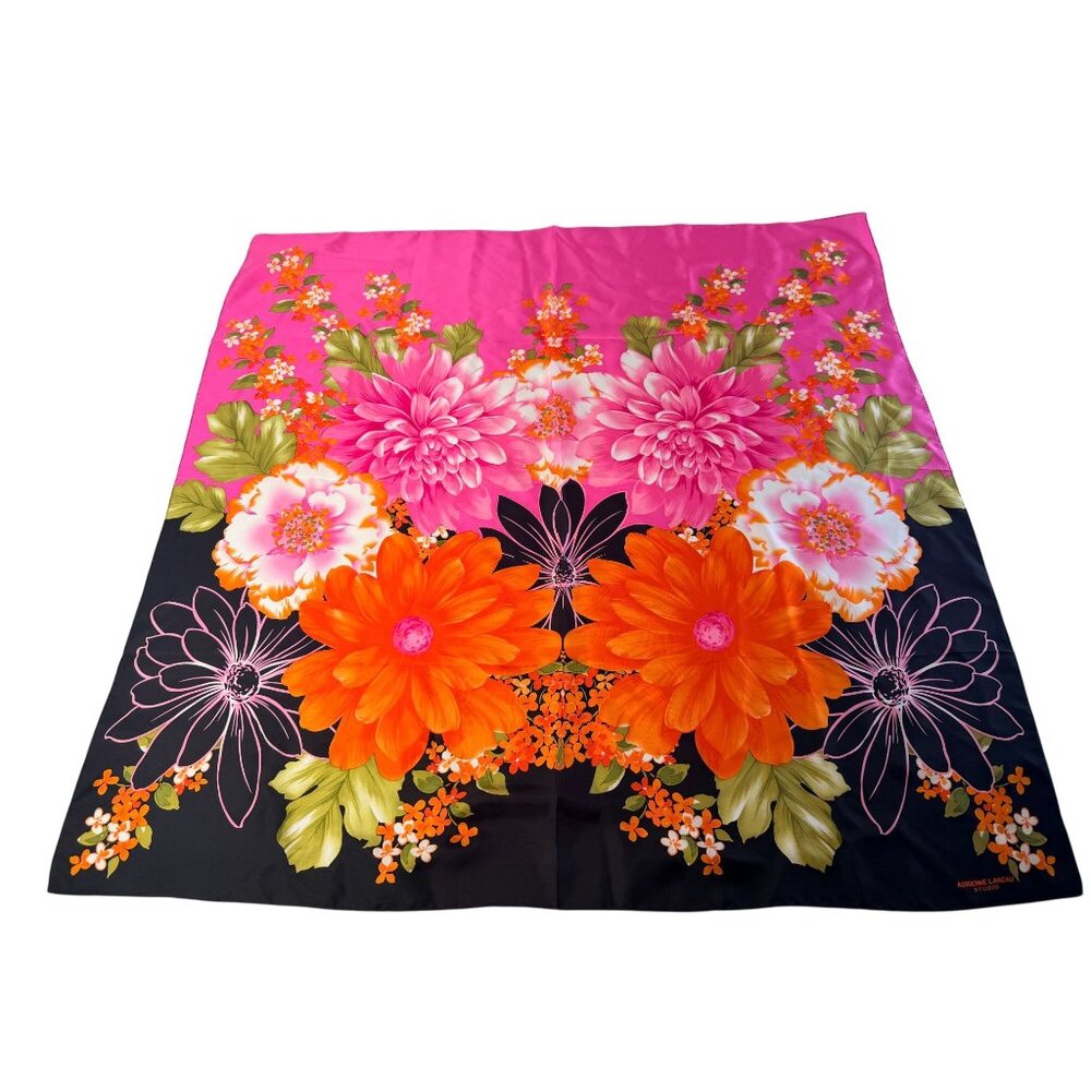 Adrienne Landau Studio Floral Silk Scarf Pink Orange Black Bold Retro Design 35" - Picture 2 of 11